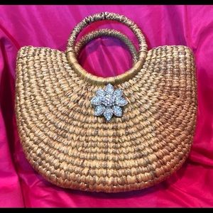 Structured Seagrass Tote with Rhinestone Flower